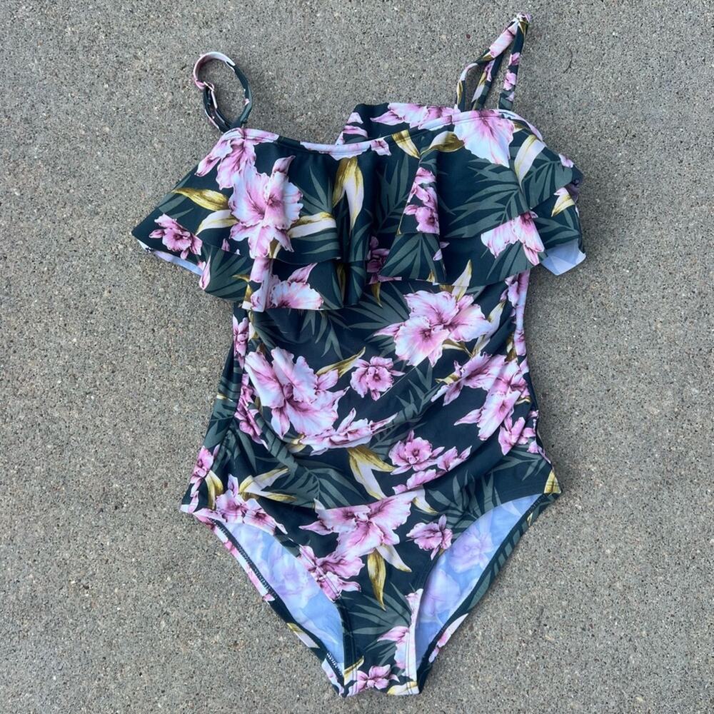 Kona Sol Double Ruffle Green Pink Tropical One Piece Swimsuit SMALL